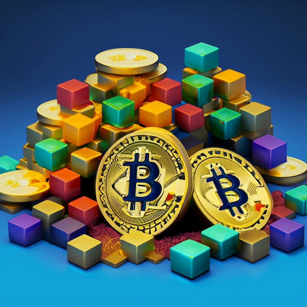 AI prompt: a large pile of gold bitcoins and a few solid plastic colorful cubes, isolated on a dark blue background